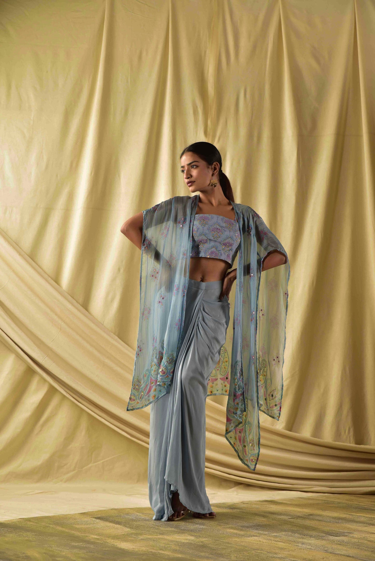 Dusty Blue  Shrug and Draped Skirt Set