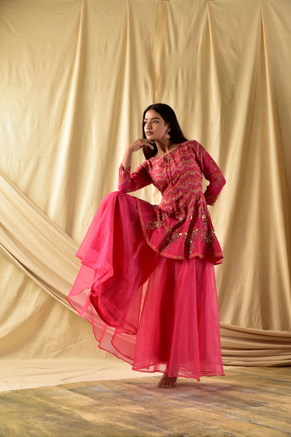 Fushia Pink Short kali Peplum and Plazzao set