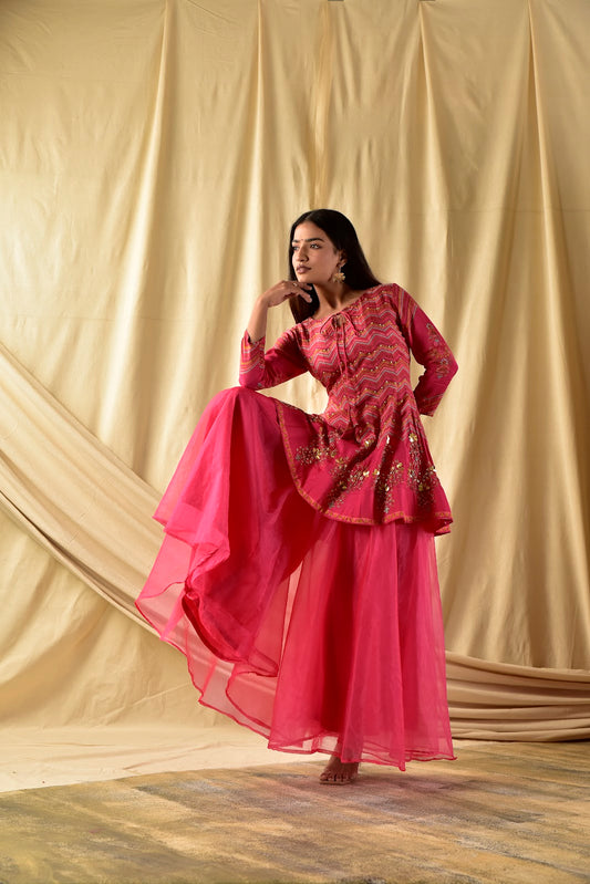 Fushia Pink Short kali Peplum and Plazzao set