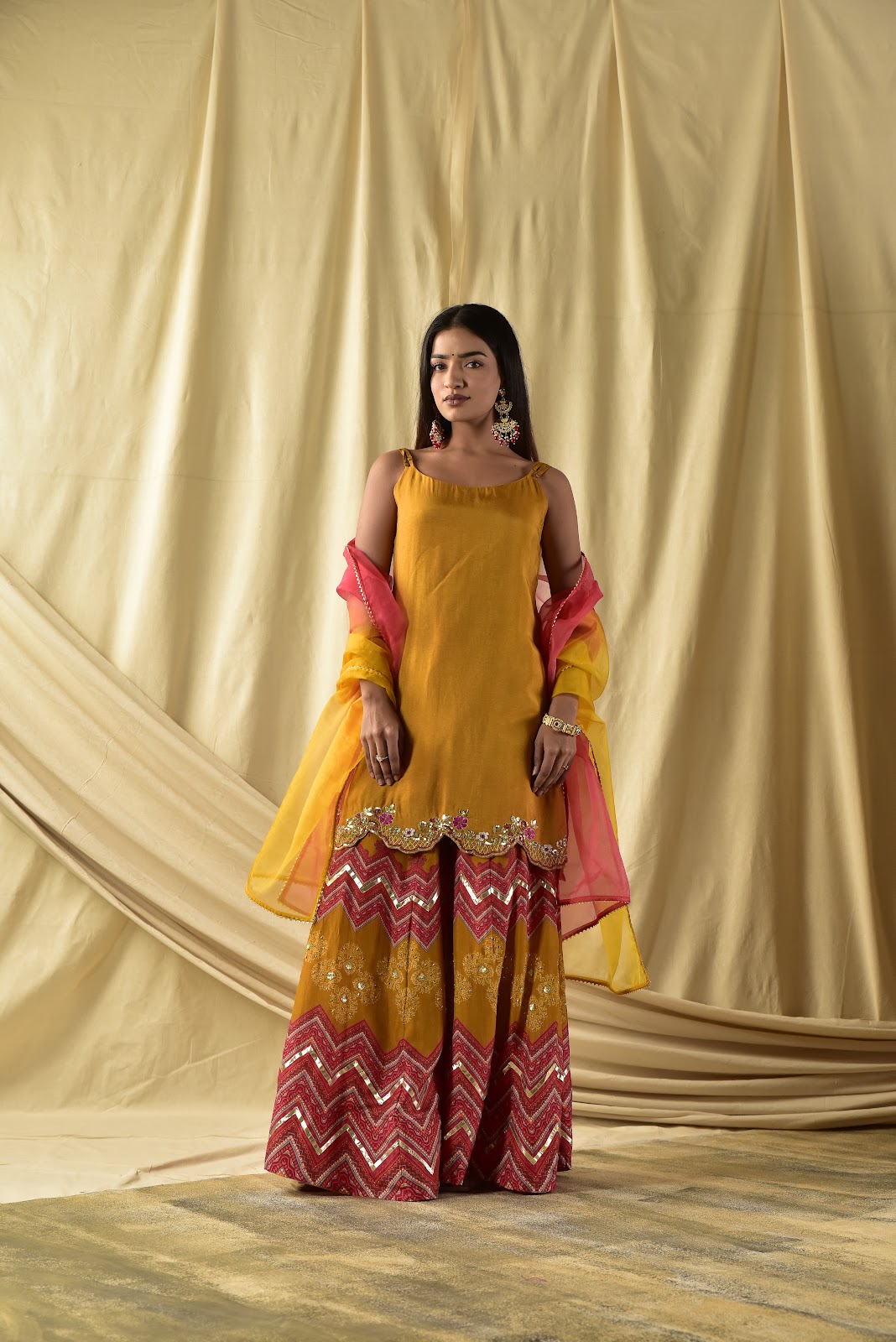 Burnt Yellow Kurta with Printed Sharara Set