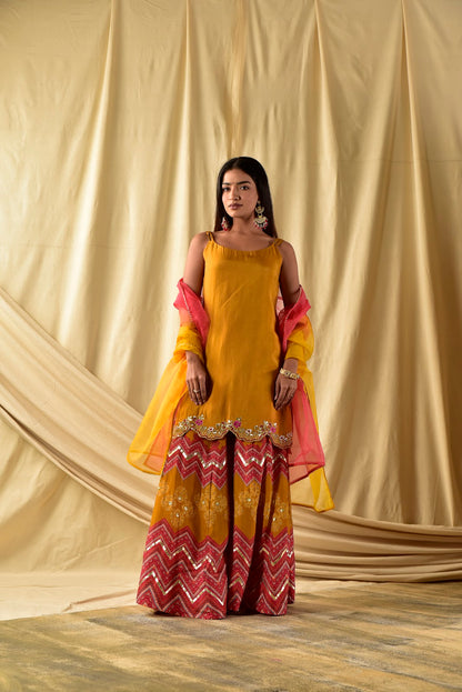 Burnt Yellow Kurta with Printed Sharara Set
