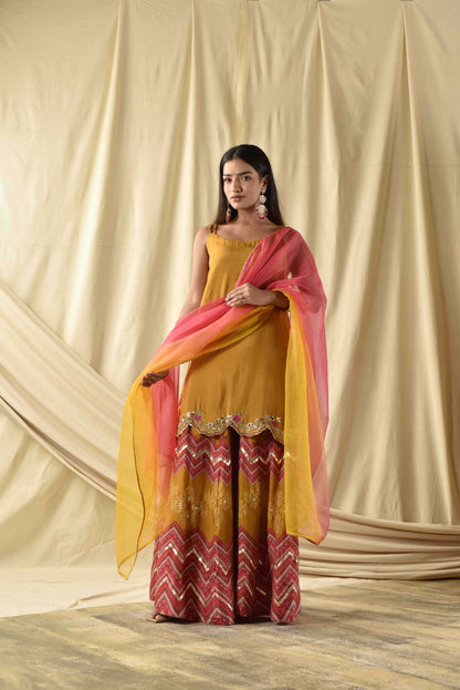 Burnt Yellow Kurta with Printed Sharara Set