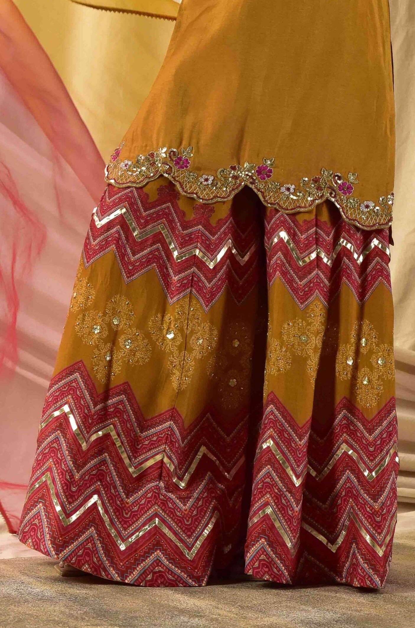 Burnt Yellow Kurta with Printed Sharara Set
