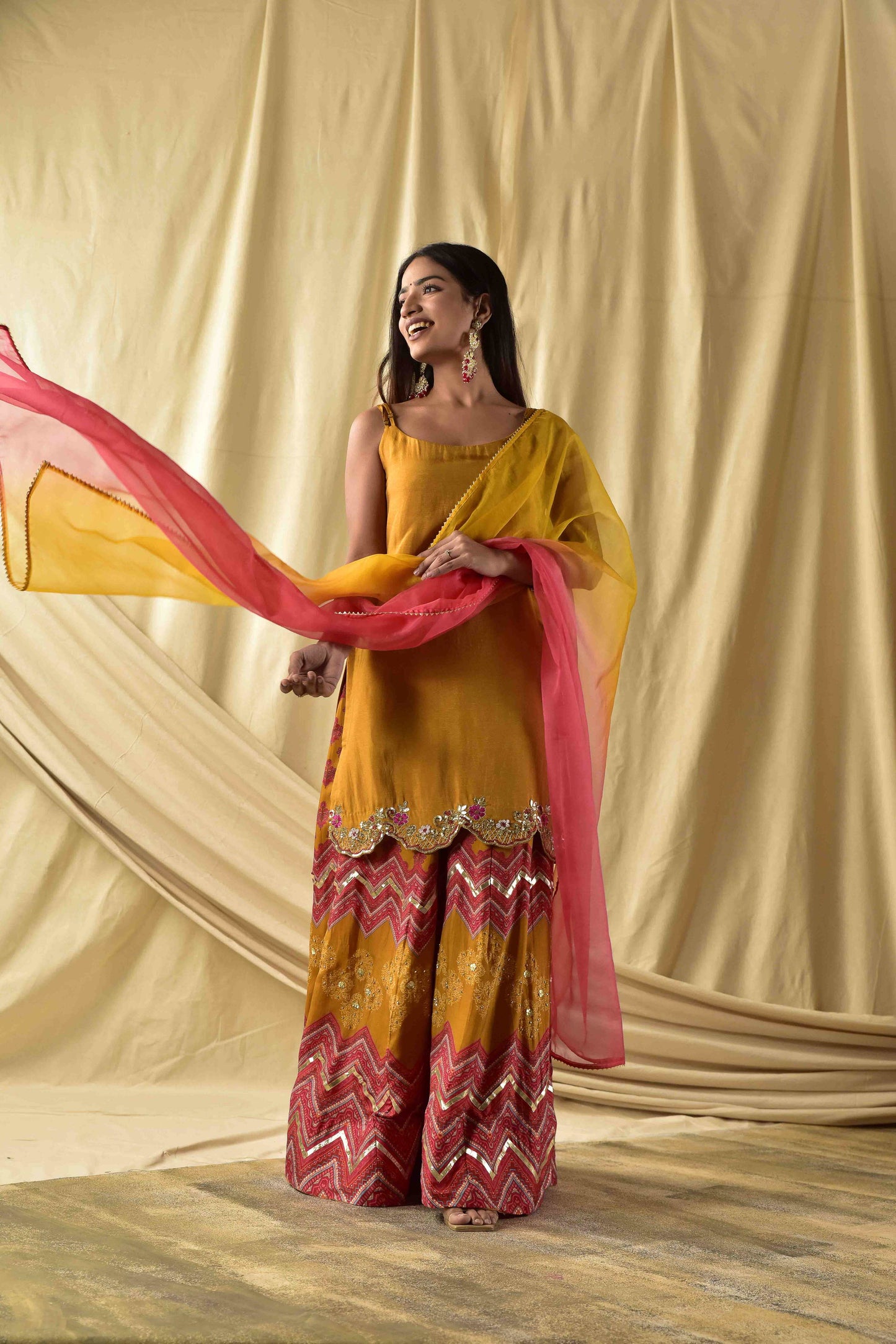 Burnt Yellow Kurta with Printed Sharara Set
