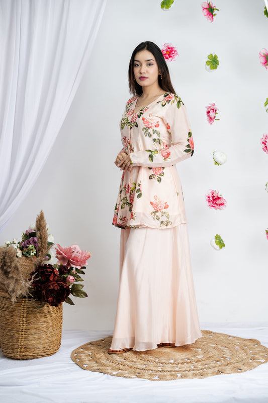 Creame Gulab Peplum Plazzao Set