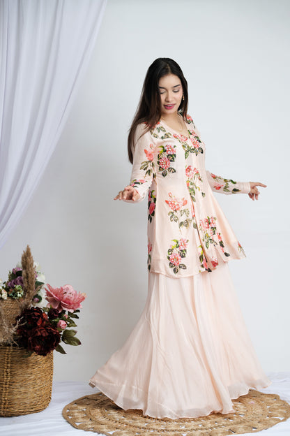Creame Gulab Peplum Plazzao Set